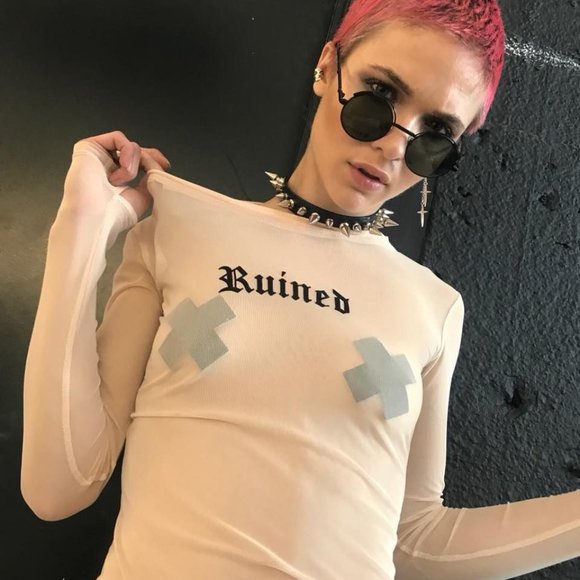 Dolls Kill Tops - Current Mood 'Ruined' Long Sleeve cream Mesh Top